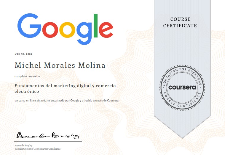 Michel Morales Certificado de Marketing Digital y eCommerce