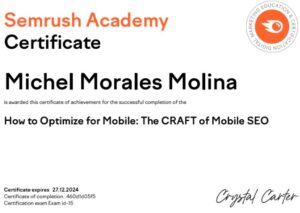 Michel Morales Certificado Mobile SEO por Semrush