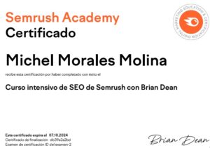 Michel Morales Certificado en SEO Intensivo por Semrush